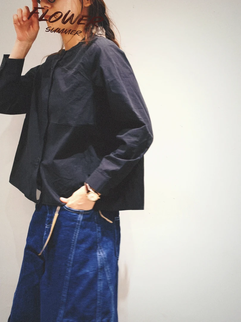 夏小朵 经典黑色长袖衬衫 休闲小众时尚宽松简约纯色长袖衬衫