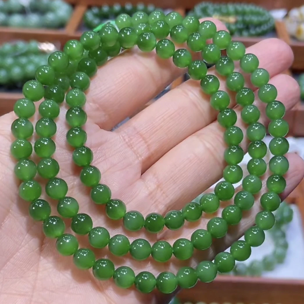 和田玉俄料碧玉冰底起荧光辣阳绿项链多圈手串6mm