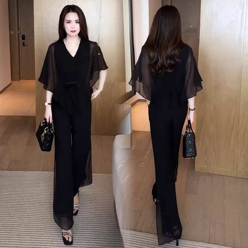 气质雪纺套装女夏季新款时髦洋气V领蝙蝠袖上衣阔腿裤显瘦两件套