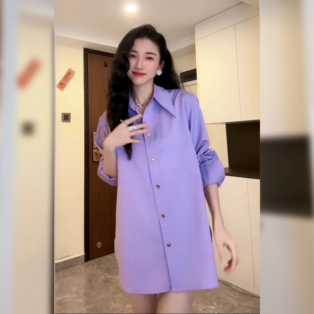 【小乖逃】竹纤维抗皱紫色衬衫设计感多种穿法遮屁屁衬衣221119长袖