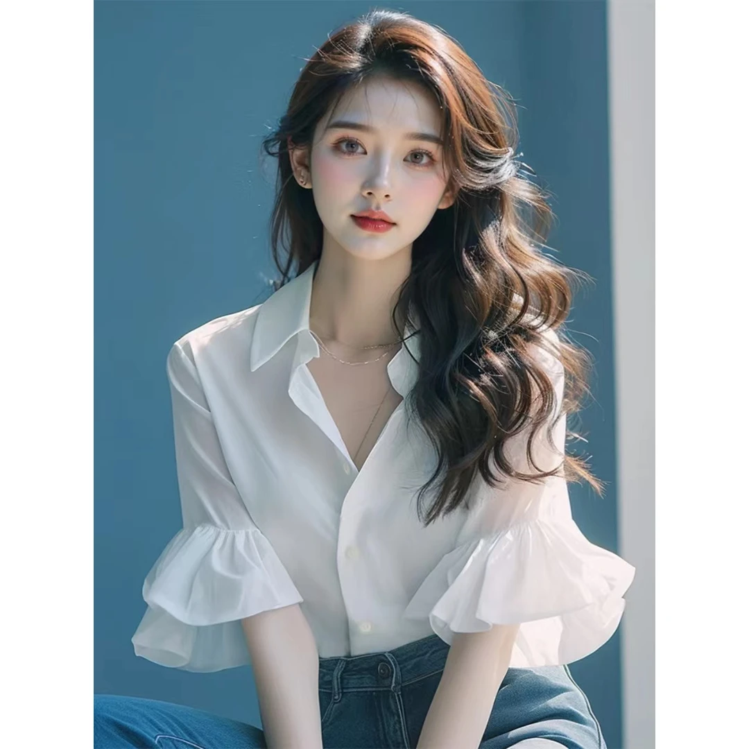 法式高级感超好看别致绝美上衣小香风高端轻奢白色荷叶袖衬衫女夏