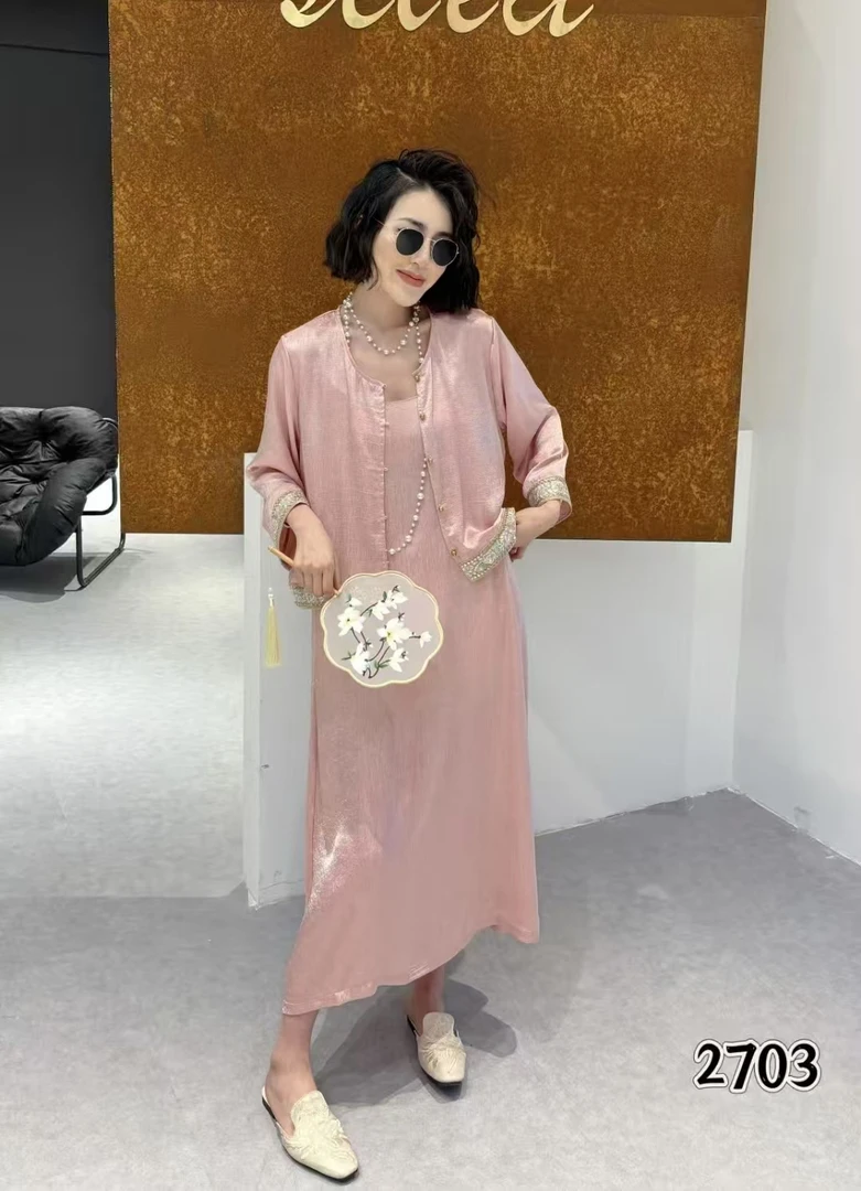 2025夏季国风套装新中式重工亮片花边设计宽松百搭