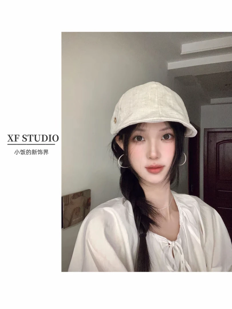 春夏复古纯色棉麻鸭舌前进帽子女显脸小轻薄透气个性贝雷帽报童帽