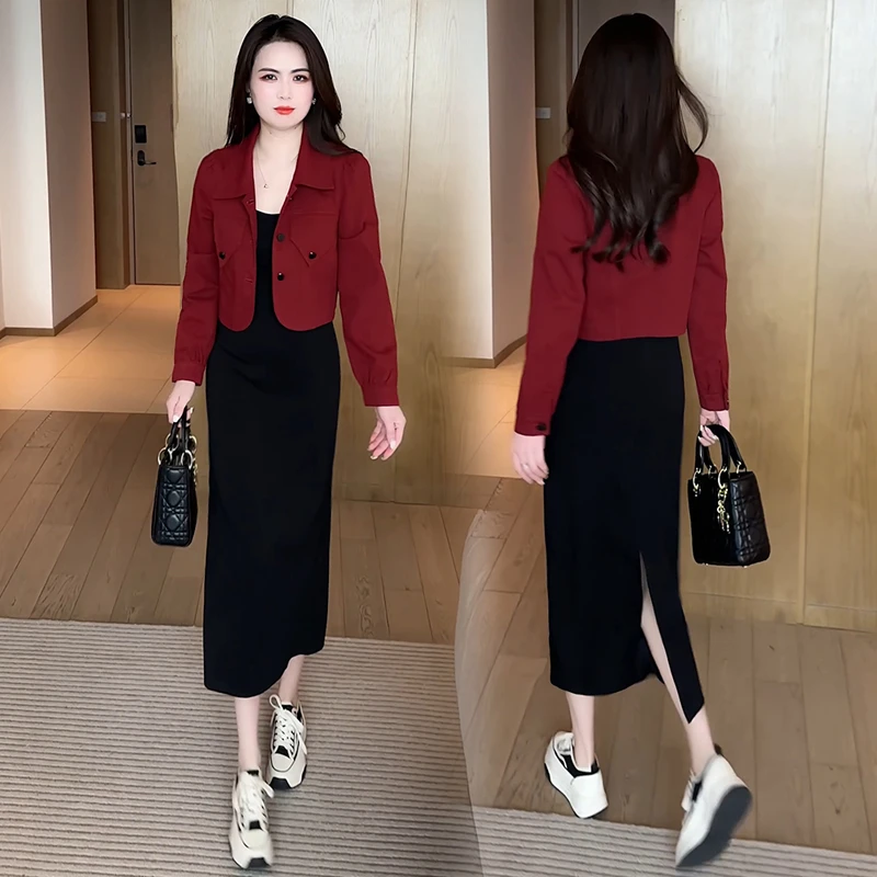 时尚洋气套装裙女2025秋季新款时髦短款牛仔外套吊带连衣裙两件套