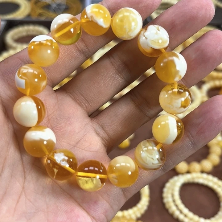未镶嵌蜜蜡手串纯天然俄料金白溶洞圆珠