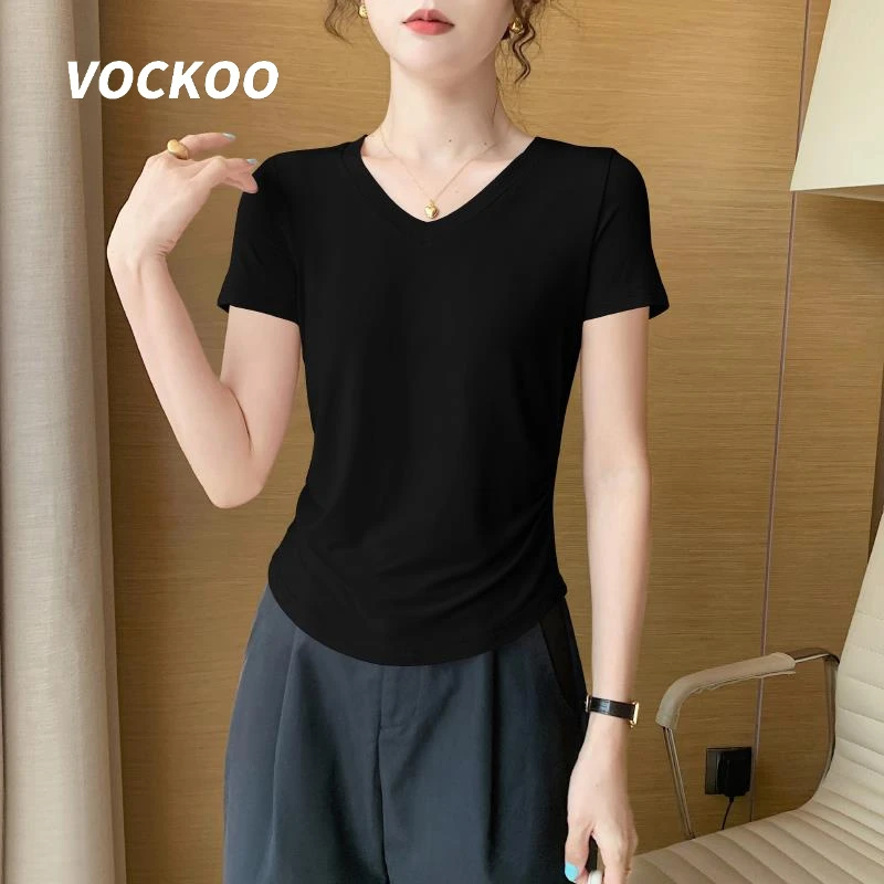 VOCKOO黑色莫代尔v领短袖t恤女夏季2025新款收腰设计感小众冰丝薄