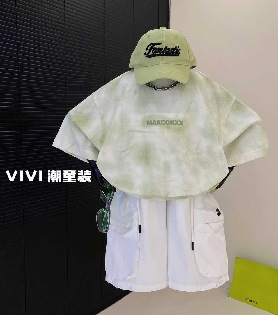VIVI童装 2025夏季潮牌中大童抹茶绿扎染字母宽松短袖T恤