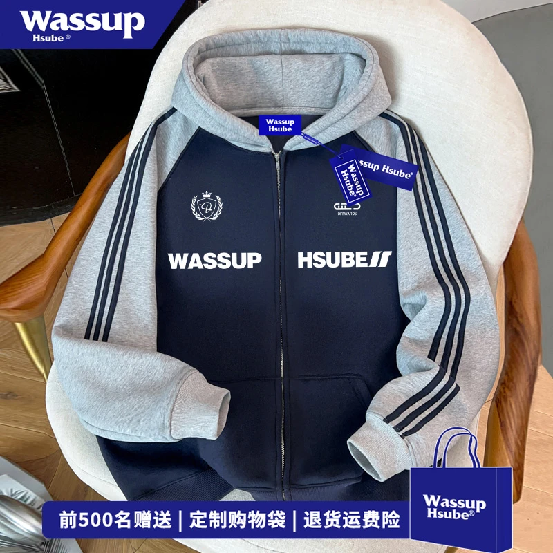 WASSUP HSUBE欧美式原创印花连帽开衫卫衣男女秋冬百搭三条杠外套