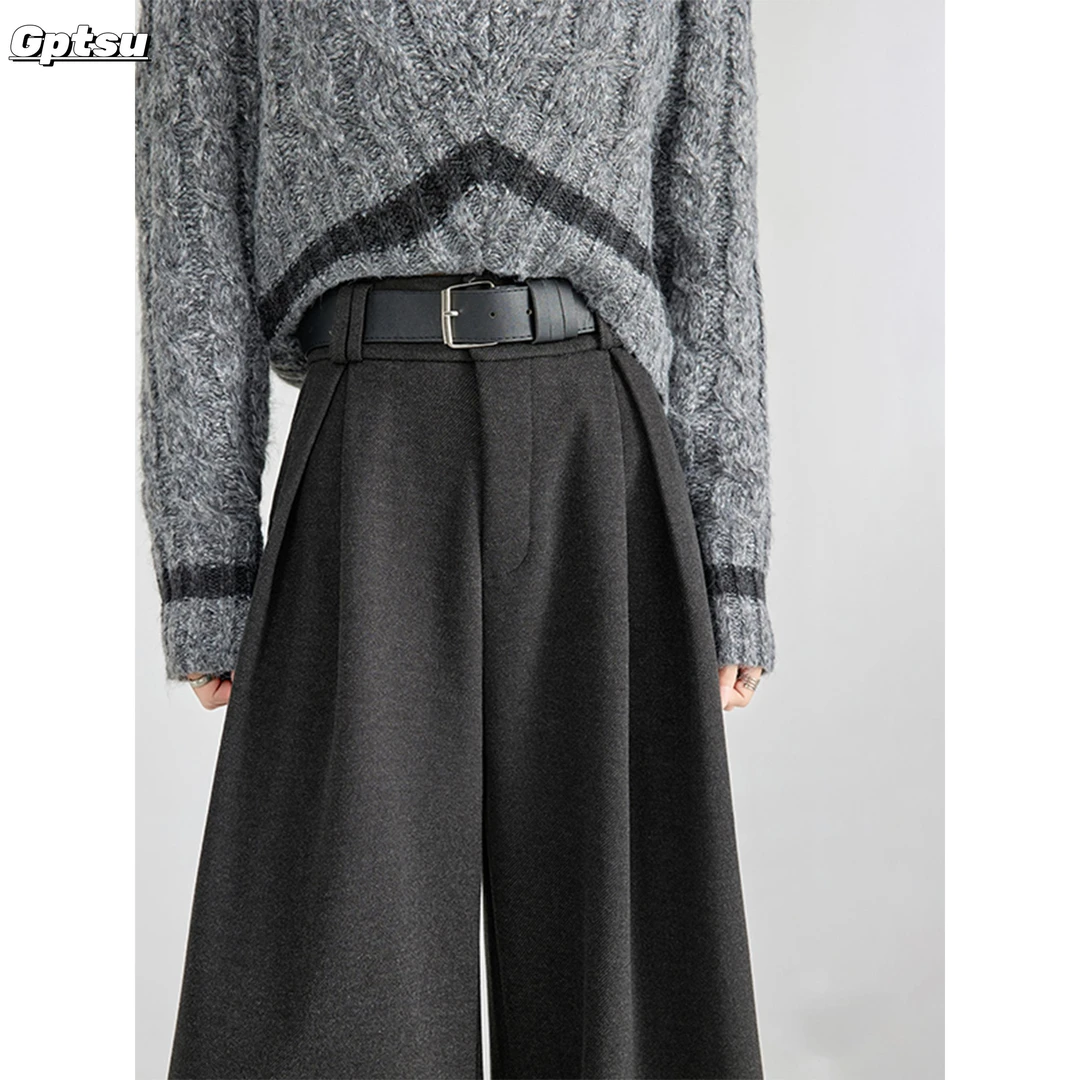 GPTSu灰色毛呢阔腿裤女秋冬季新款加绒加厚高腰垂感慵懒风西装裤