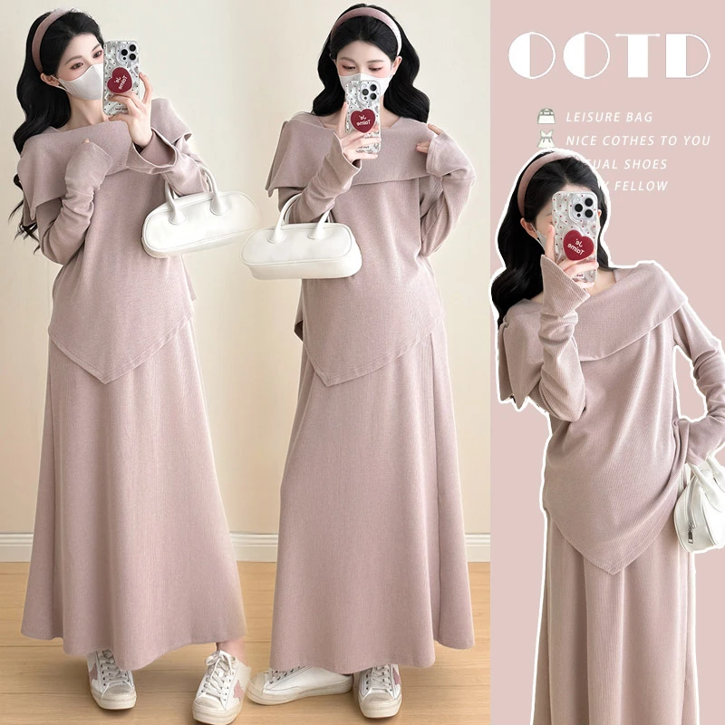 孕妇套装春秋季新款气质设计感翻领上衣+松紧腰半身裙温柔两件套