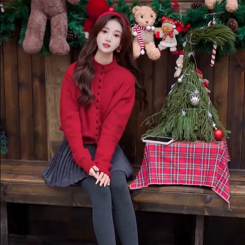 圣诞节新年红色高领毛衣女冬季新款细闪半身裙时尚穿搭套装两件套