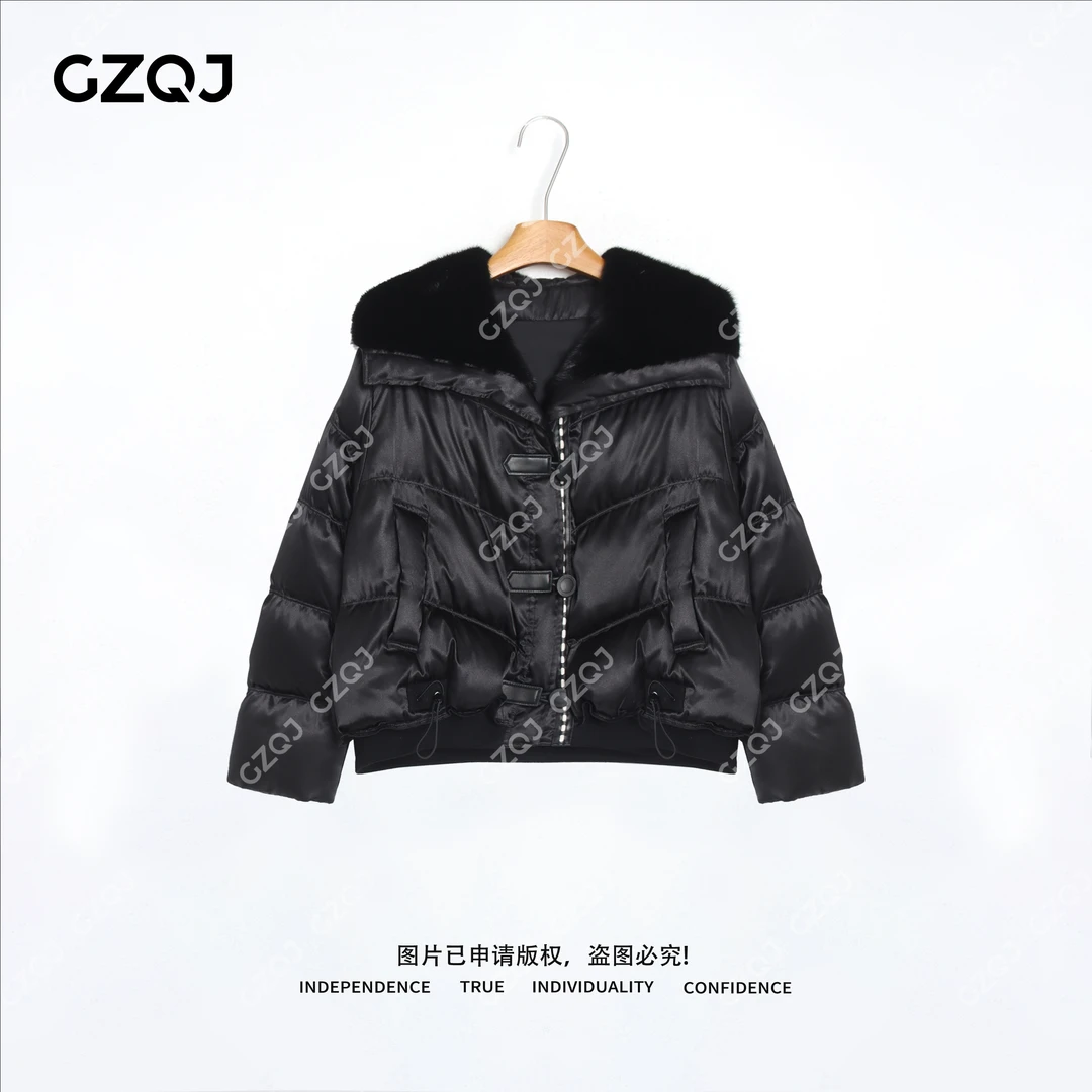 老琴私服【黑缎貂影】90鹅绒桑蚕丝拼接水貂大毛领羽绒外套女冬9826
