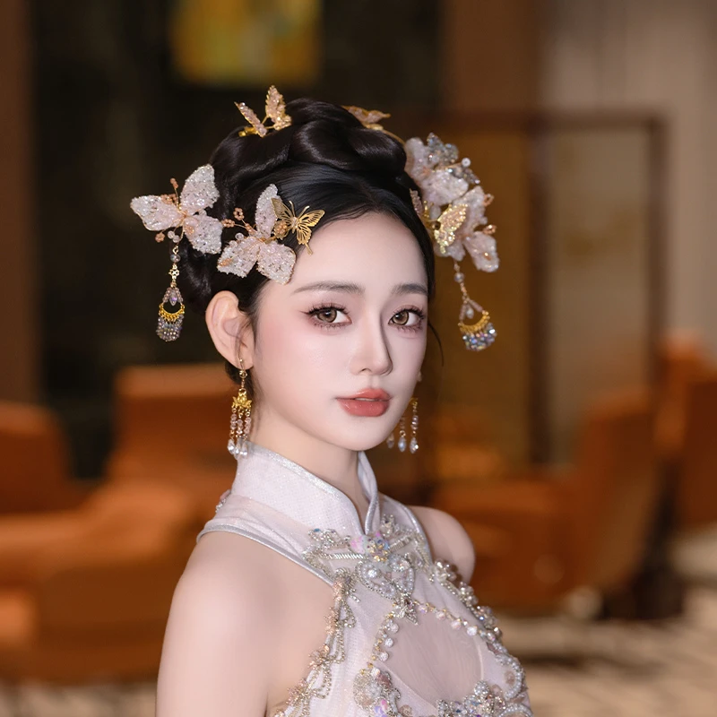 合金婚庆饰品 中式秀禾新娘头饰浅色流苏发簪香槟色结婚发饰D0459