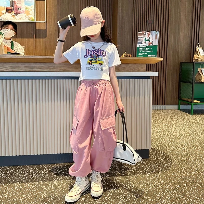 女童夏装套装新款印花短款T恤儿童夏季薄款工装裤甜酷风女大童装