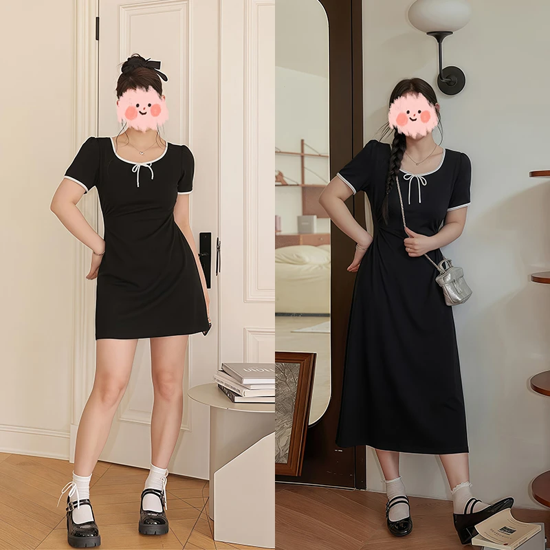 大码女装张大人2025夏新款胖妹妹mm显瘦连衣裙气质减龄方领小黑裙