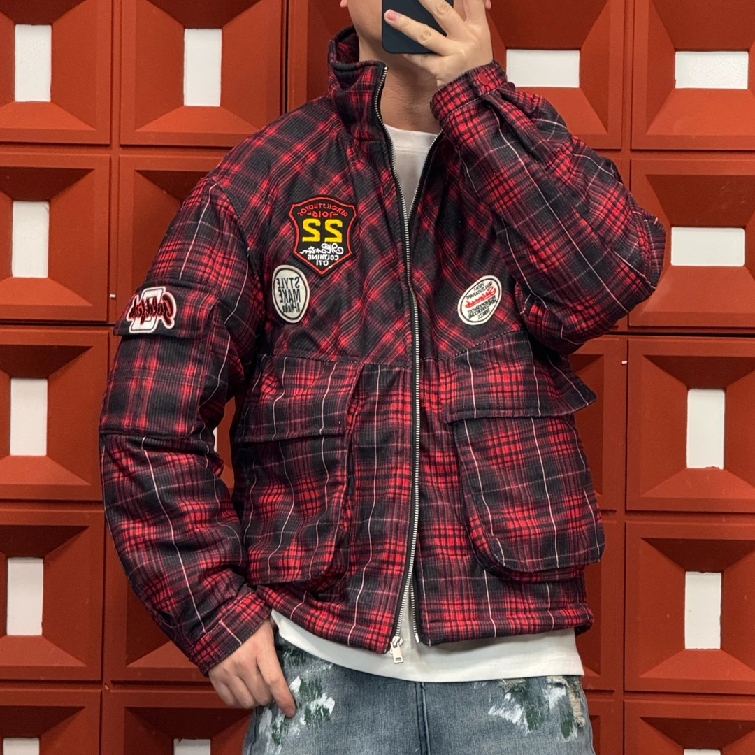 2024HKNB刺绣棉服冬季痞帅复古做旧经典格子徽章刺绣棉服