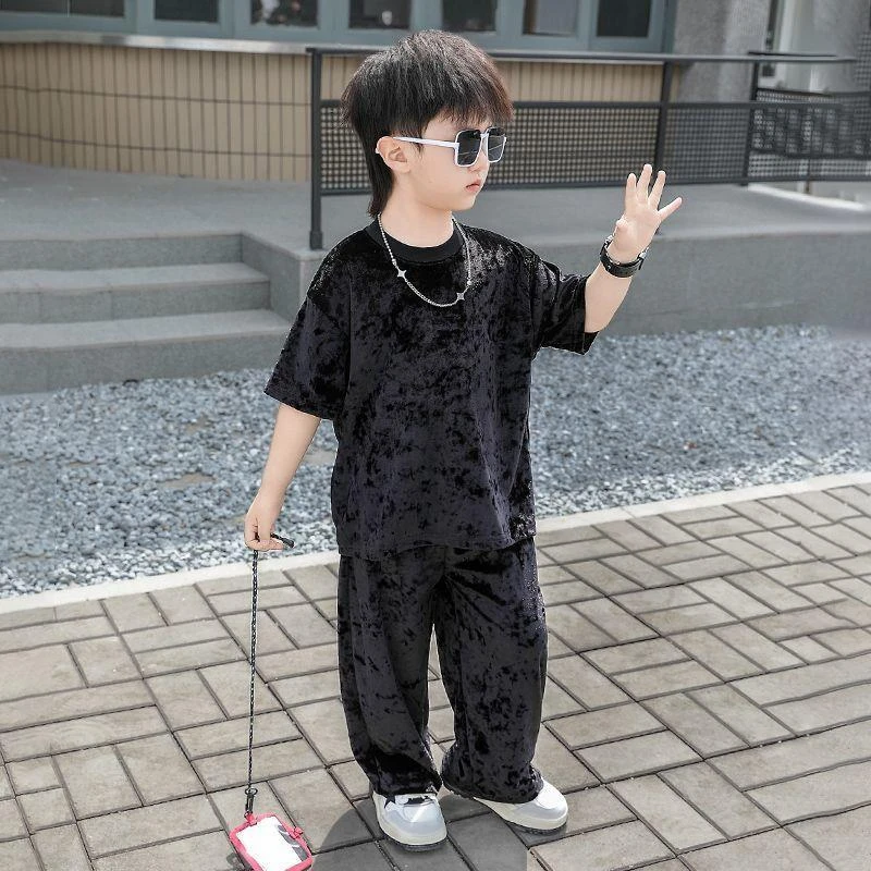 男童儿童2025夏季新品丝绒短袖长裤套装童装新款洋气男童夏装套装