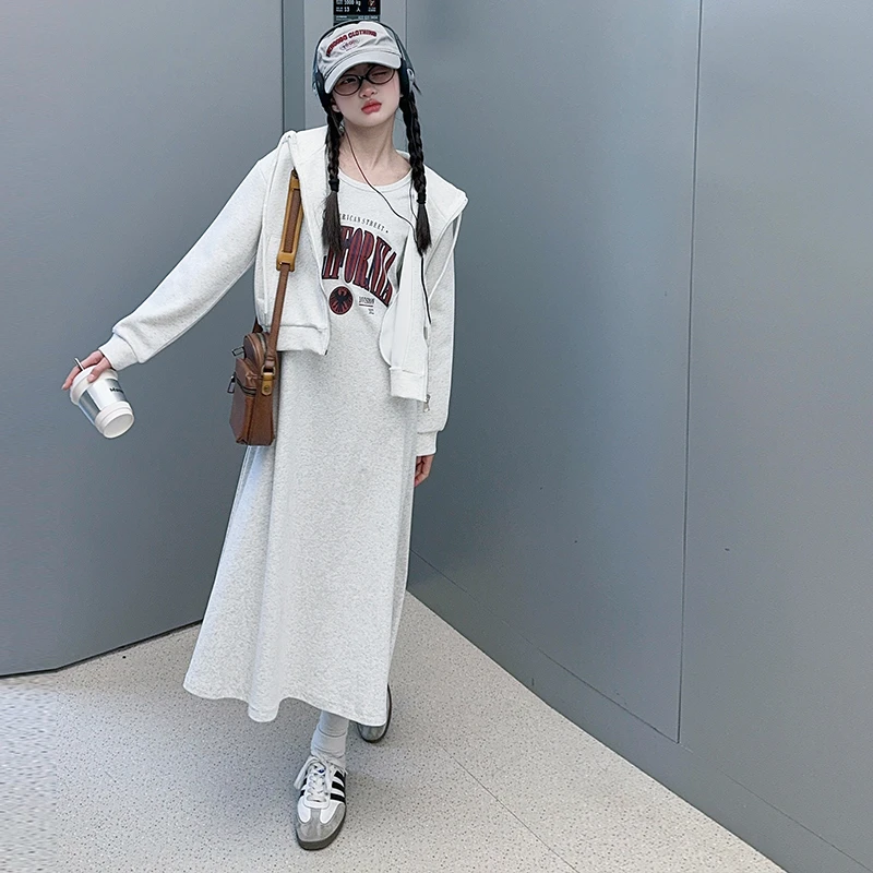 女童慵懒风连衣裙连帽衫2025春装儿童韩式外套过膝长裙运动背心裙