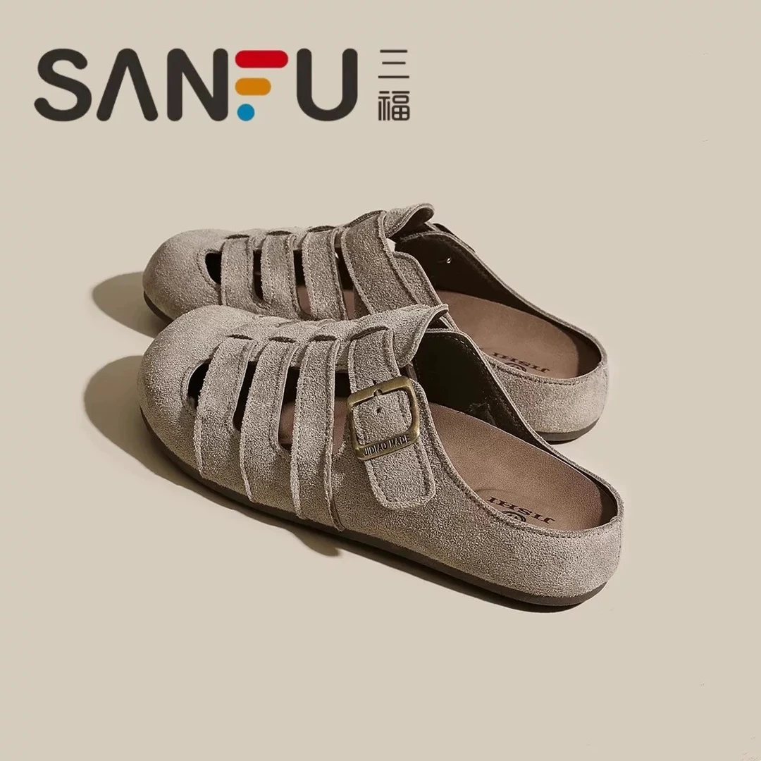 三福勃肯拖鞋女外穿2025年夏季新款配裙子包头半拖鞋一脚蹬懒人鞋