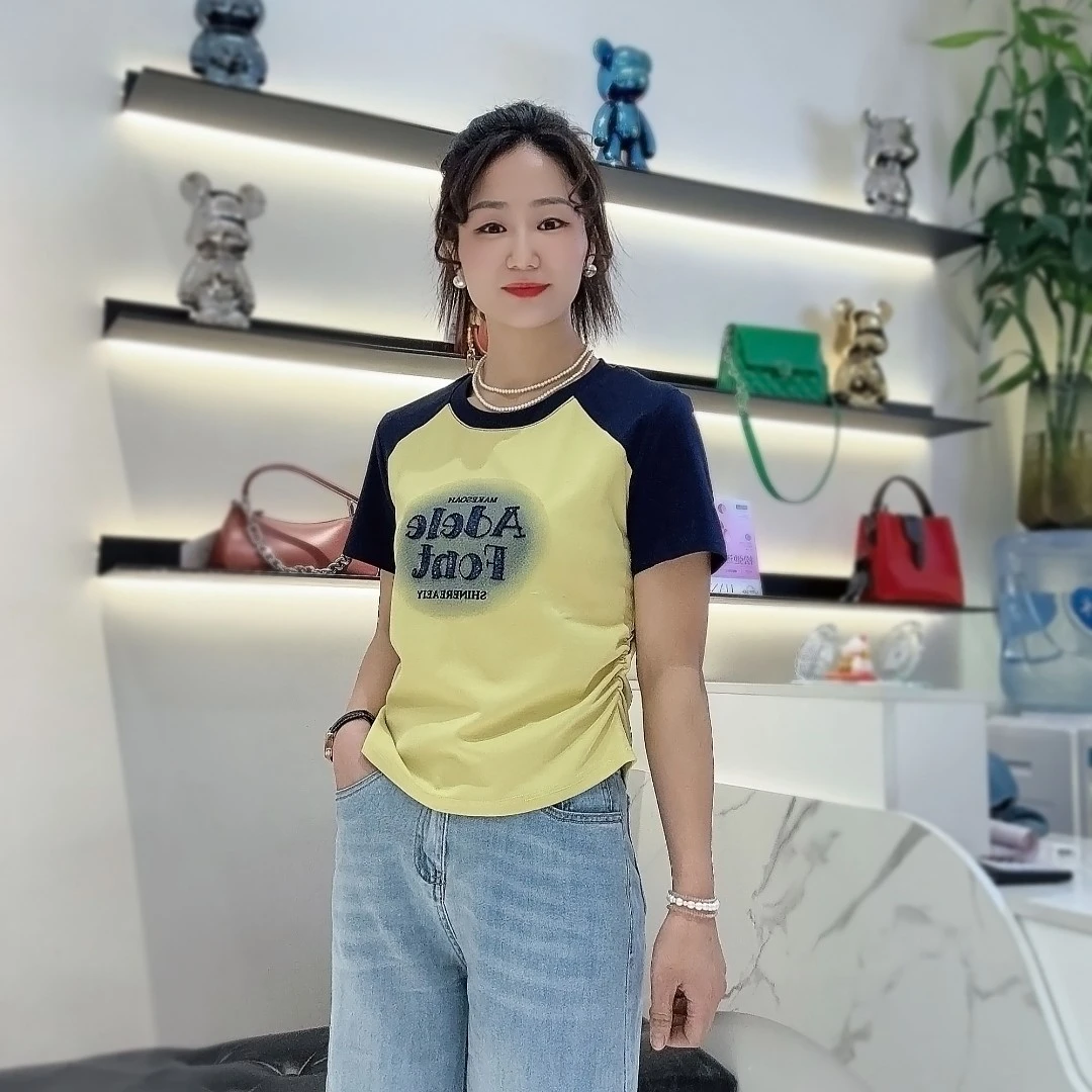 新短袖显瘦印花T恤减龄时尚短款拼接拼色圆领背心简约不起球百搭