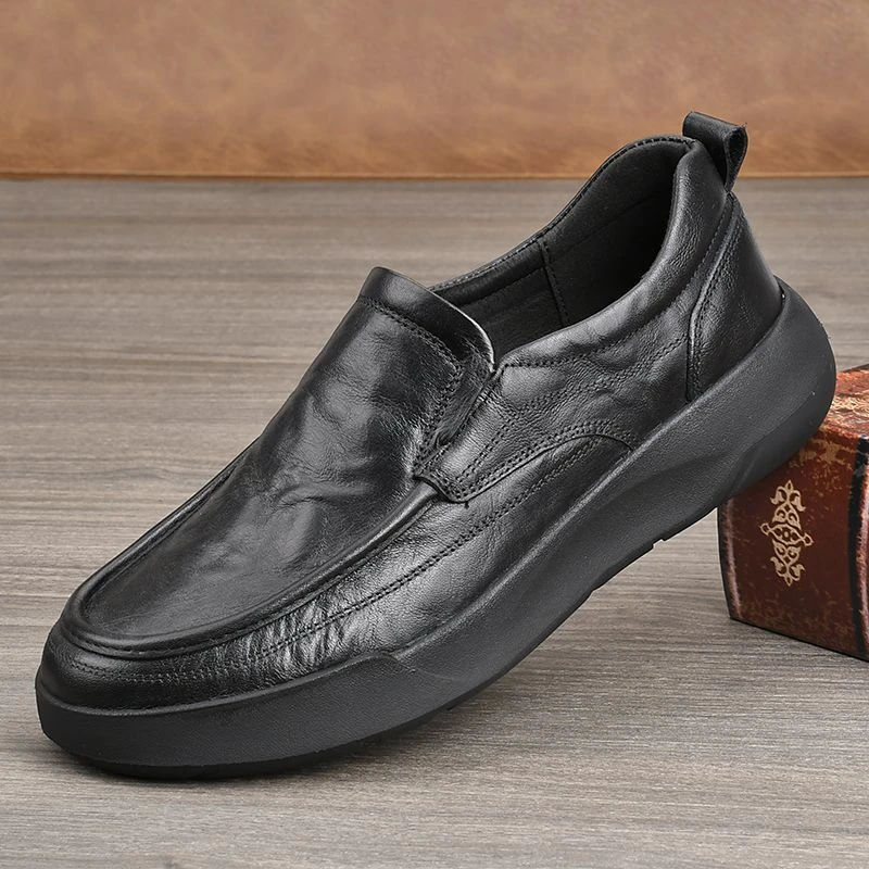 头层牛皮厚底一脚蹬休闲皮鞋手抓纹抗皱透气纯色压花百搭冬季单鞋