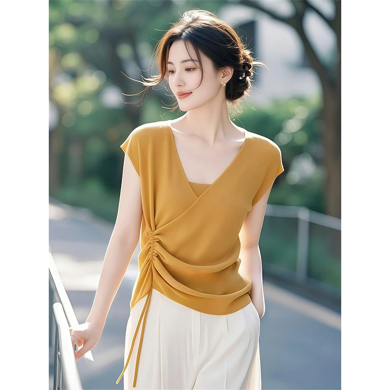 显瘦短袖t恤女2025新夏季爆款设计感超好看独特漂亮抽绳针织上衣