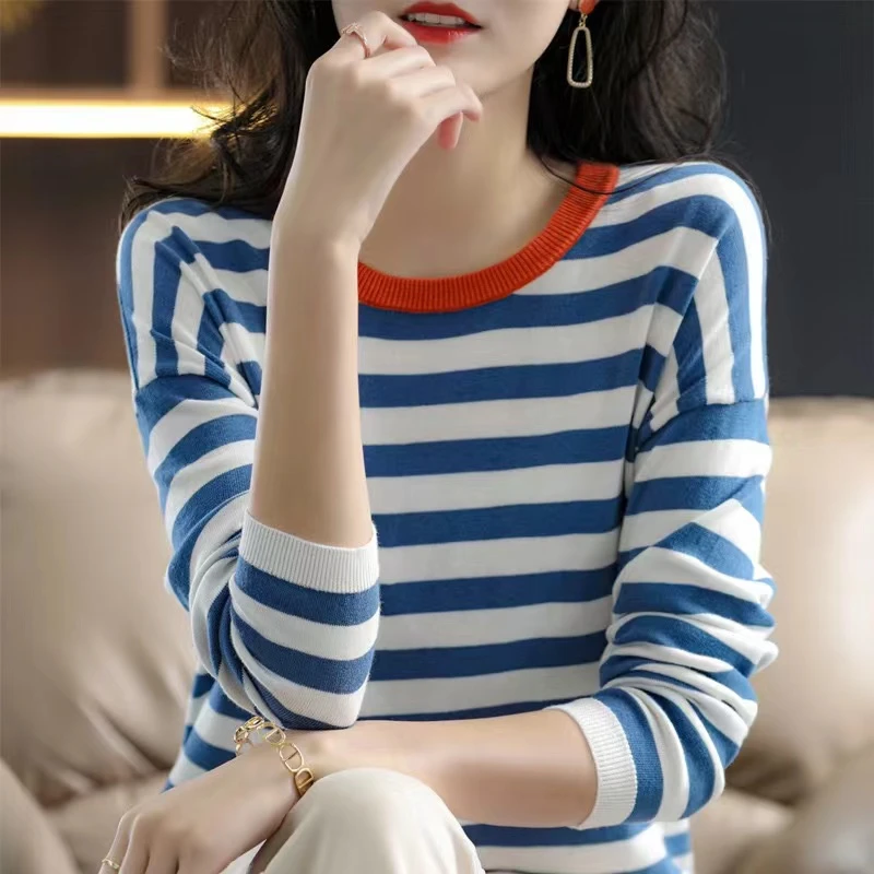 王菲同款～100%纯棉圆领条纹落肩袖针织长袖打底女