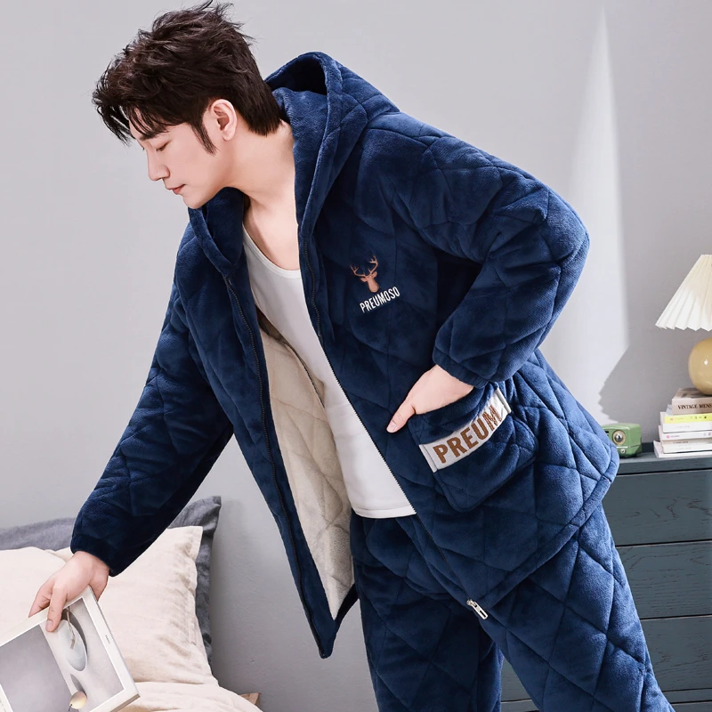男士睡衣冬季三层夹棉加厚加绒珊瑚绒保暖法兰绒家居服套装秋冬款