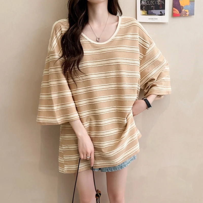 立体条纹短袖T恤女2025夏季新款韩版时尚宽松显瘦大码洋气v领上衣