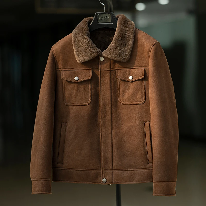 时尚美利奴羊皮毛一体男外套羔羊冬季厚夹克真皮毛皮草简约皮衣