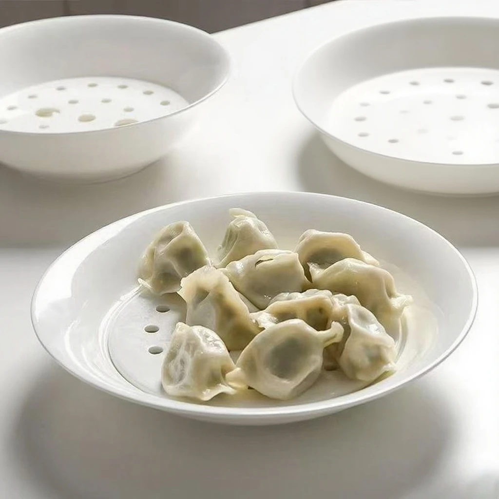 家用骨瓷饺子盘沥水盘陶瓷碟圆形双层盘子纯白高档耐高温饺子盘