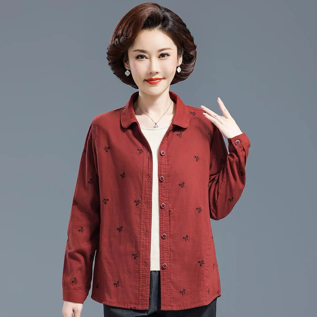 中老年女装春秋纯棉长袖衬衣洋气绣花开衫宽松妈妈装全棉老人衣服