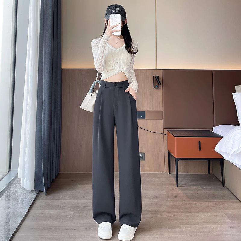 时尚西装裤女春秋高级感垂感松紧腰显瘦西裤高个子大码直筒阔腿裤