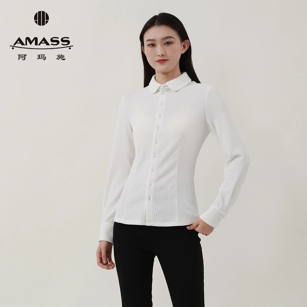 阿玛施AMASS白色气质肌理感衬衣新款百搭修身百褶衬衫女5300528