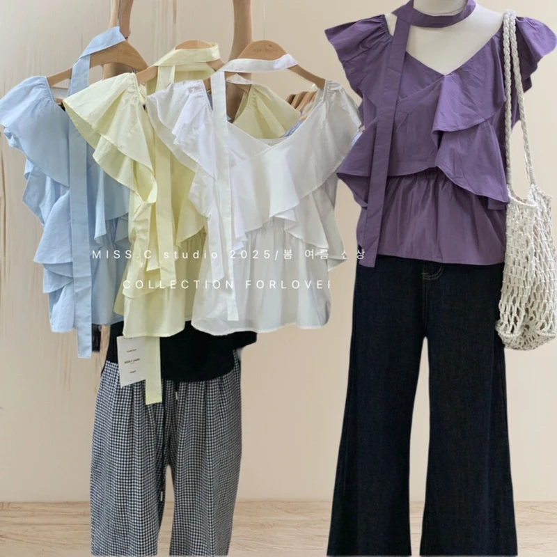 修身型飞飞袖V领成人荷叶边衬衫夏季洋气显瘦小众炸街高级感女装