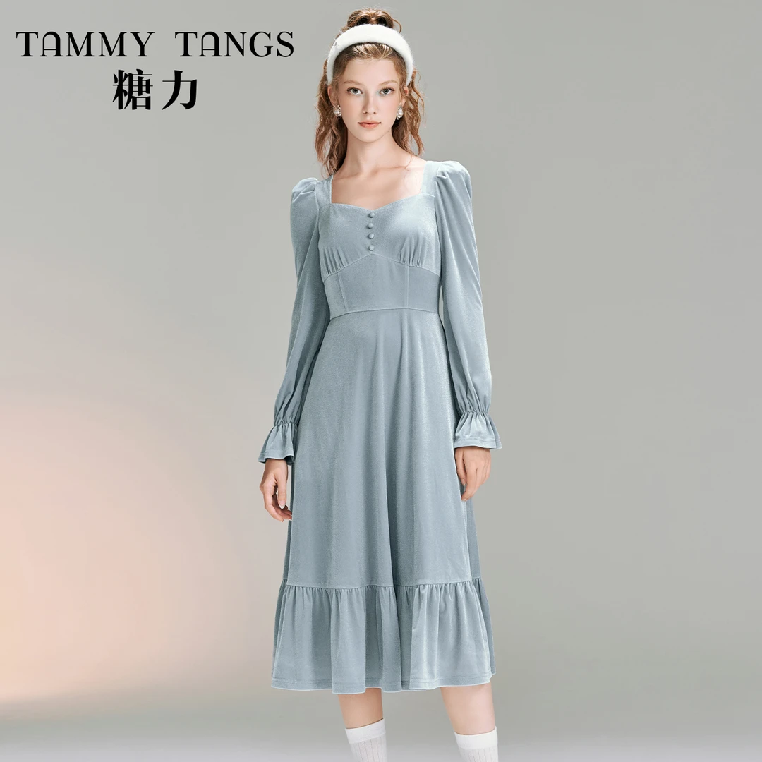 【老板娘夏天】糖力秋冬长袖收腰显瘦中长款光泽复古丝绒连衣裙女