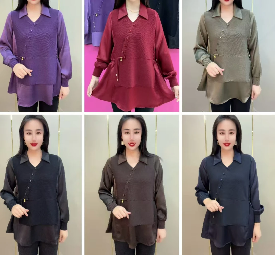 857款小圆珠斜领拼接假两件衫