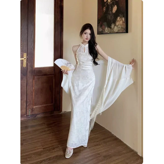 求婚裙新中式连衣裙女春夏清冷感复古改良旗袍流苏雪纺开衫两件套
