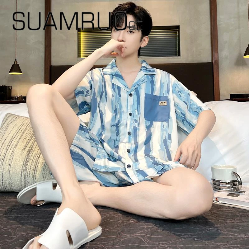 韩版小众冰丝睡衣男夏短袖短裤2025新款凉爽舒适可外穿家居服套装