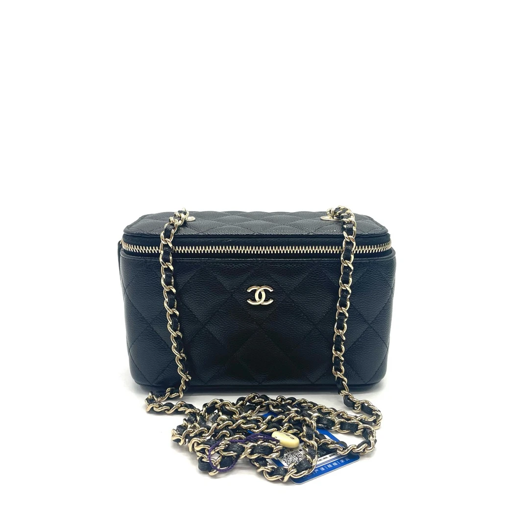 99新 Chanel/香奈儿 98新25C 黑金荔枝纹牛皮化妆盒子