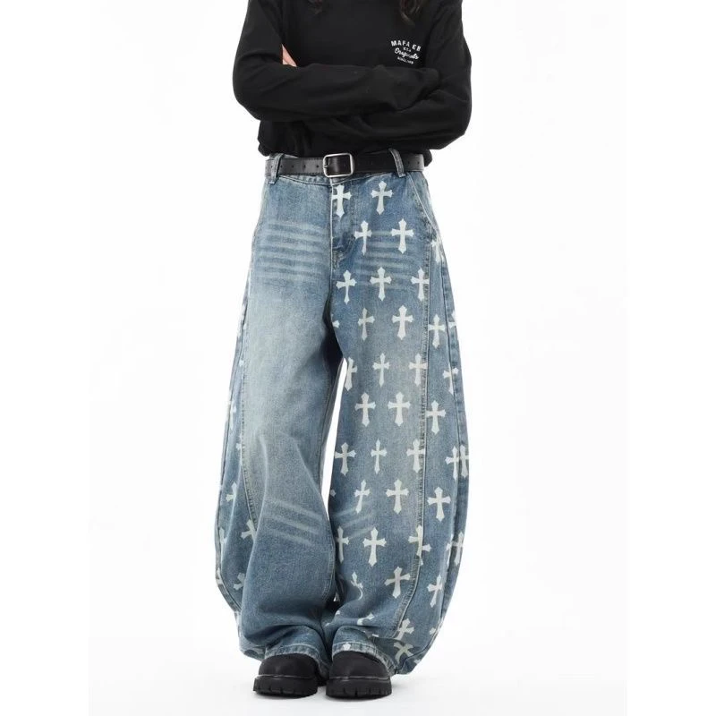 原创美式十字架满印水洗牛仔裤街头潮牌宽松阔腿弯刀长裤子男女