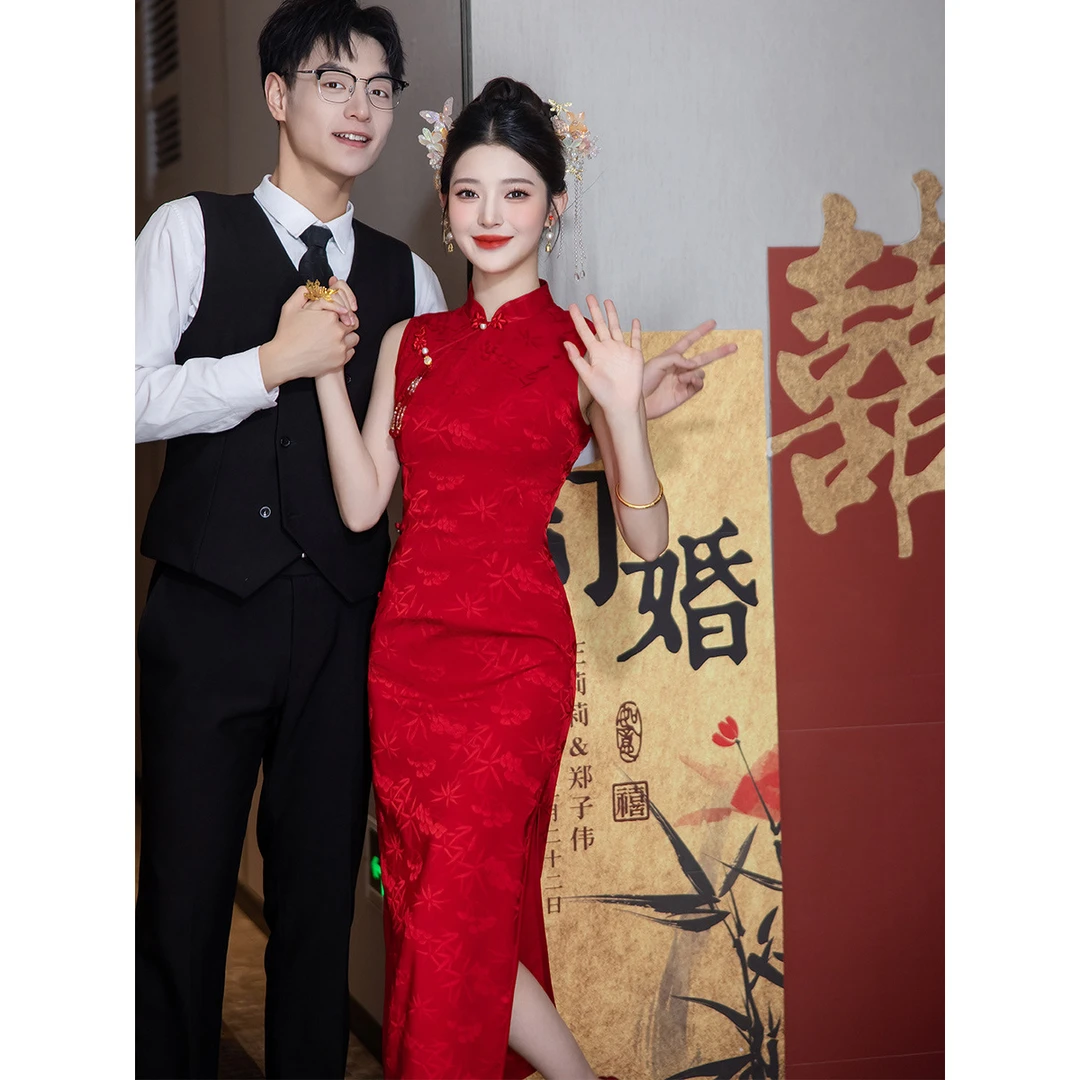 旗袍敬酒服新中式结婚便装订婚礼服2025新款酒红色女回门新娘修身