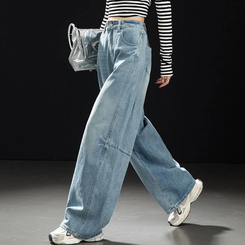 美式复古水洗镰刀裤女2025新款秋款牛仔裤梨型身材阔腿裤女拖地裤