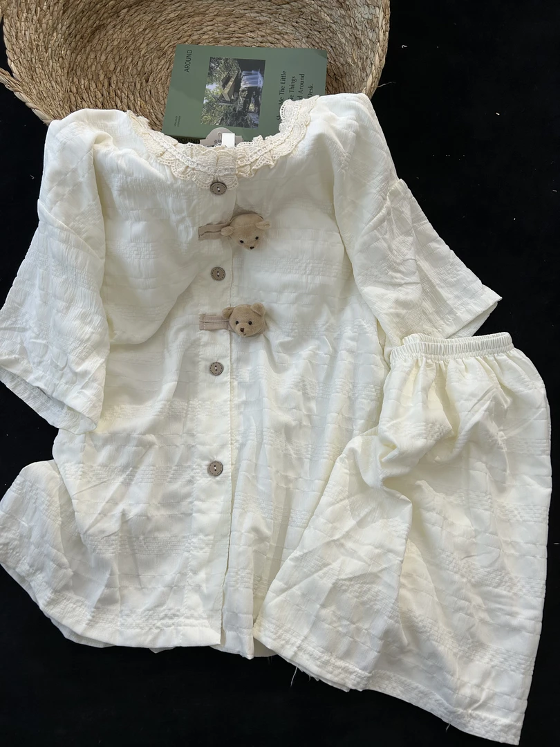 夏日可爱女生睡衣2025ins风新款带胸垫甜美花边短袖裤家居服套装