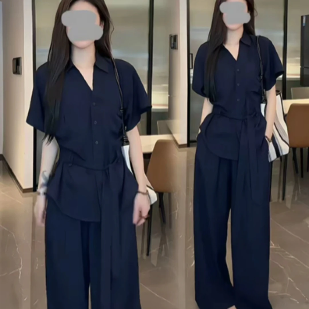 大码胖mm复古系带短袖衬衫高腰阔腿裤套装