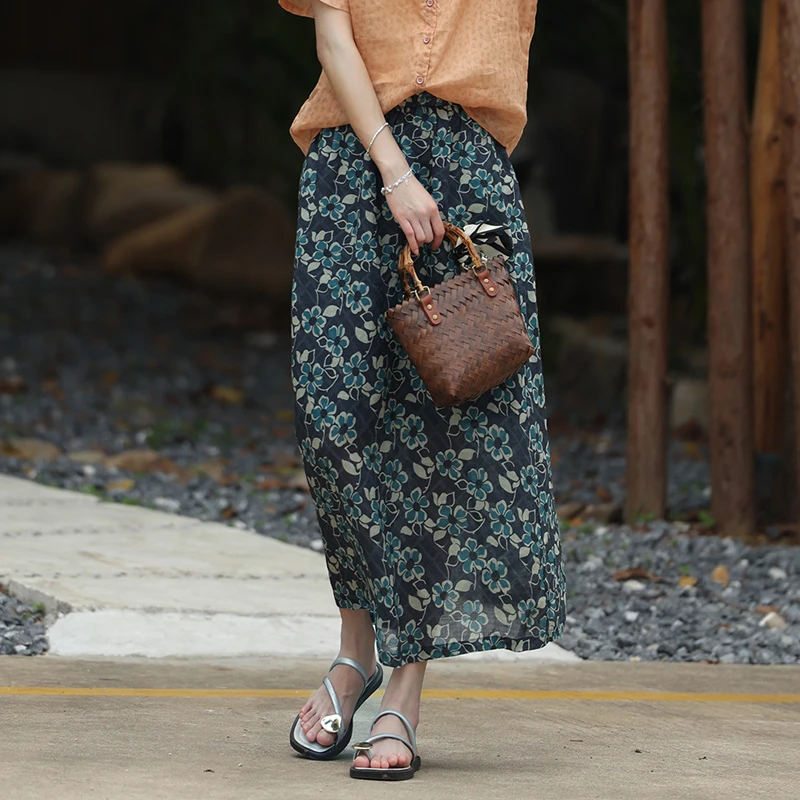 澳希美2025年夏季新款中长款花朵碎花印花苎麻半身裙