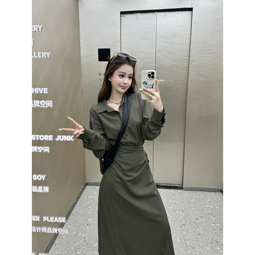 老钱风绿色衬衫套装裙女春夏慵懒风复古宽松防晒衬衣半身裙两件套