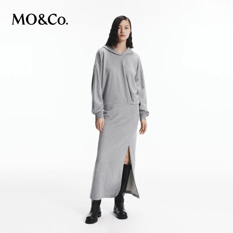 【达人专属】MOCO秋连帽落肩前开叉宽松长款休闲连衣裙MBD3DRST15