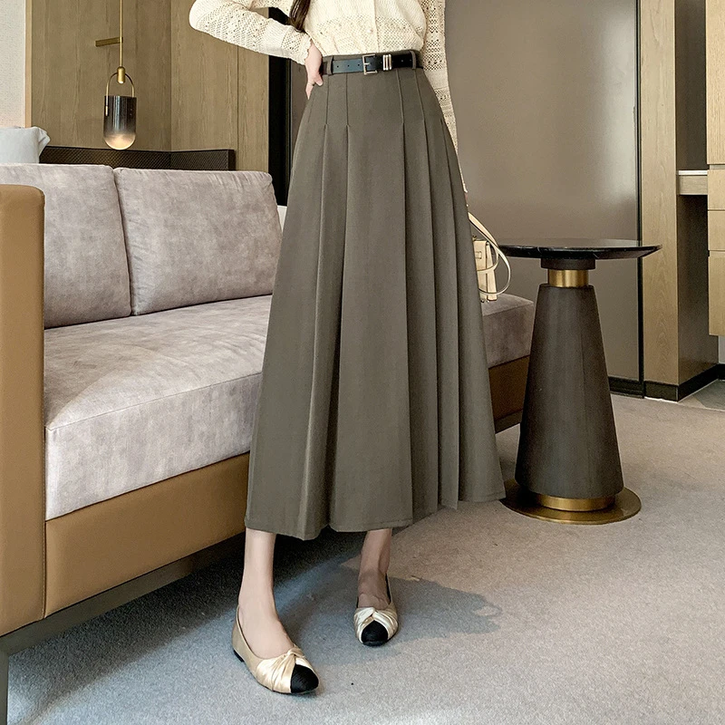 中长款半身裙女2024春夏新款高腰A字大摆过膝西装伞裙百褶长裙