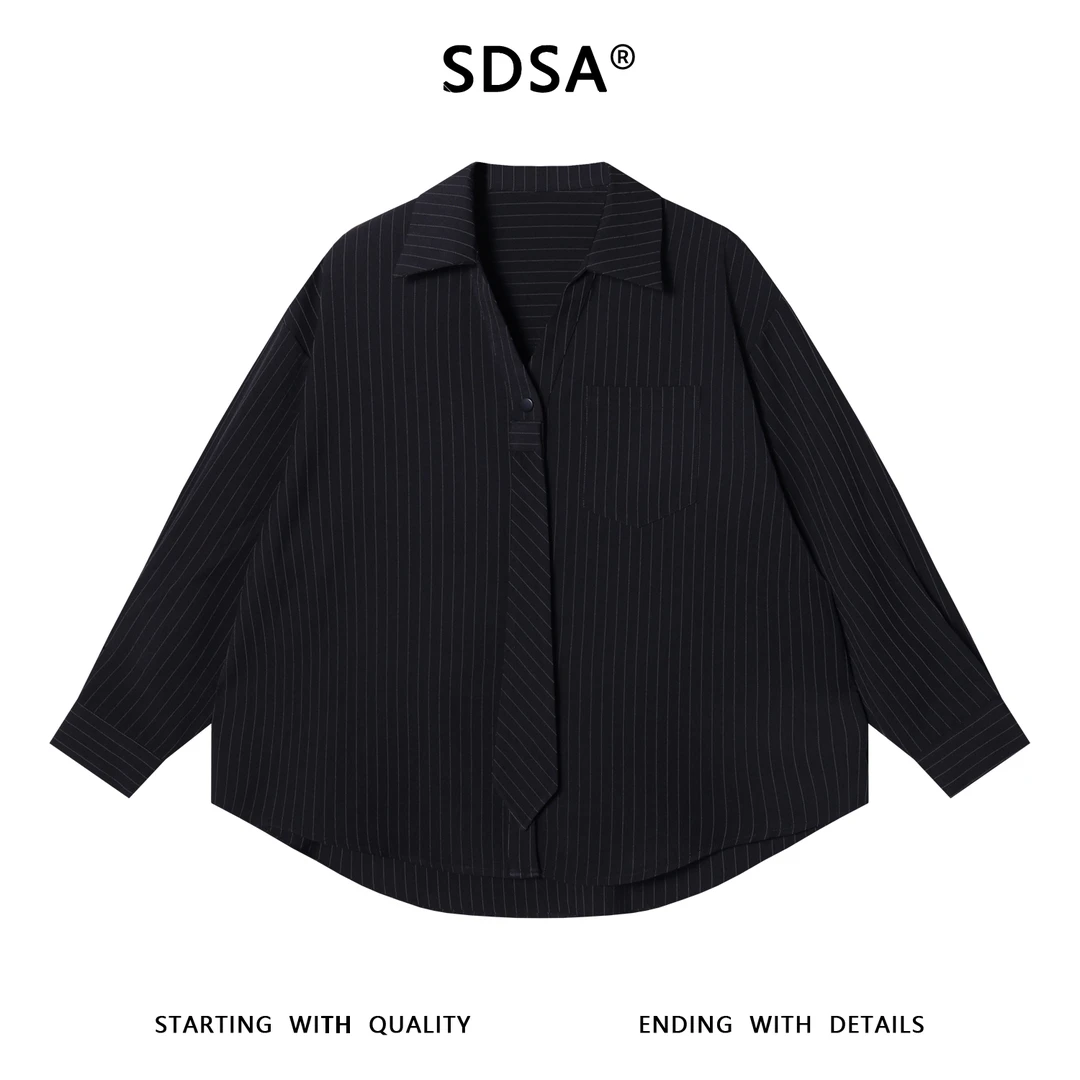 SDSA男士秋冬新款痞帅男装极简风条纹领带休闲潮流衬衫网红款衬衣